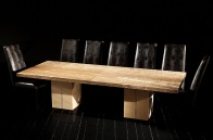 Столешница камень, из двух частей с механизмом смыкания. Низ дерево (венге или натуральное) со вставками из нержавеющей стали.